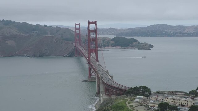 Epic, Cinematic Aerial Shot Over Golden Gate Bridge With Traffic And Overcast Sky- Aerial Shot