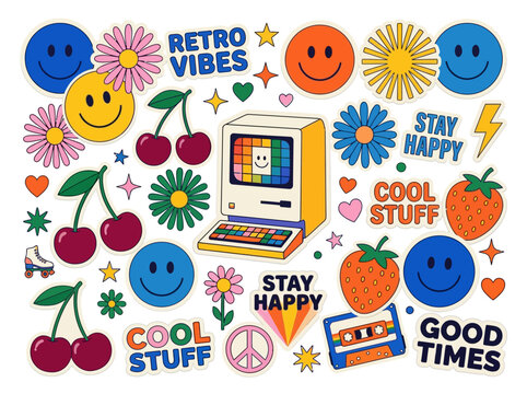 Retro Y2K Aesthetic Sticker Set with Smiley Faces, Vintage Computer, and 90s Pop Art Icons