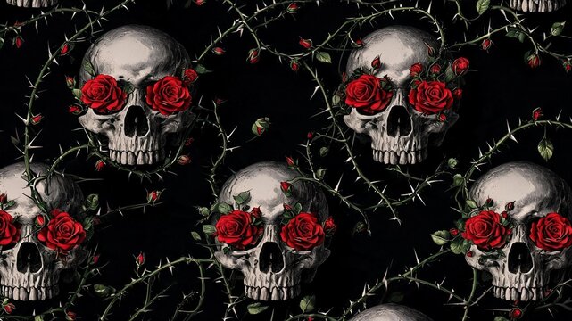 Gothic pattern featuring skulls and red roses on dark background for fabric and halloween designs