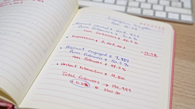 an open notebook with handwritten social media analytics and account growth metrics. The planner rests on a wooden office desk next to a white computer keyboard in a bright workspace.