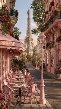 Paris France Europe lifestyle. A vivid portrayal of a Parisian street scene at dusk, with the Eiffel Tower visible in the background. The scene features a cafe with a pink awning.