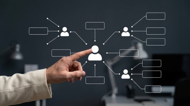 Businessman pointing at digital organizational chart showing corporate hierarchy and team networking structure, human resource, workflow modern technology business concept