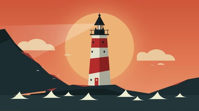 Flat vector illustration of a red and white striped lighthouse on a rocky coast during a vibrant orange sunset with calm ocean waves and mountains