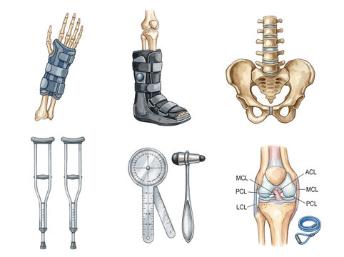 Orthopedic medical equipment set featuring bones with braces crutches goniometer and knee joint diagram for healthcare clinics and clinical education