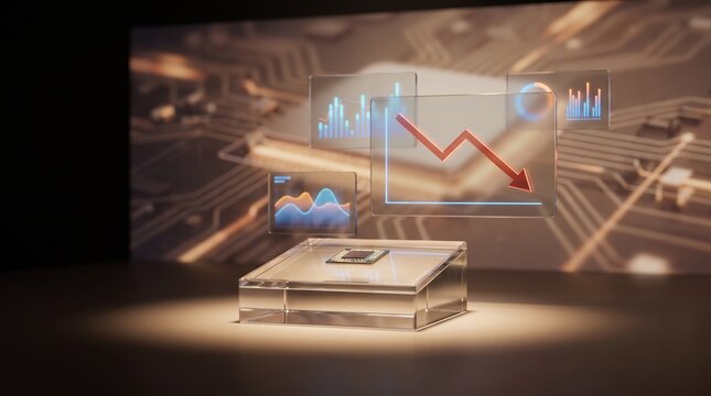 A sleek product-announcement scene with a tiny chip on an acrylic pedestal, translucent analytics screens, and a downward market line graph in the background, capturing advanced semiconductor news and
