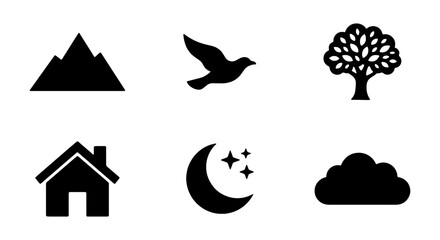 Fototapeta premium Nature and Home Icons: Mountain, Bird, Tree, House, Moon, Cloud Symbols