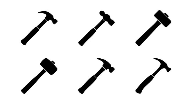 Hammer Icons Set, Tool Collection, Construction Symbols, Workshop Equipment, Graphic Elements
