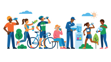 Fototapeta premium Hydration diverse people drinking water flat design vector for public health campaigns