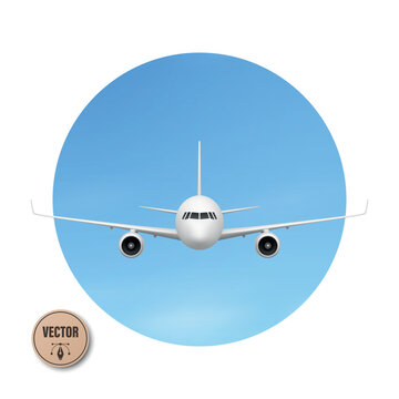 Vector 3d Airplane Front View. Airplane Icon, Airplane Illustration of a Passenger Aircraft in a Blue Circle Isolated. Aviation, Travel, Airline and Airport Design