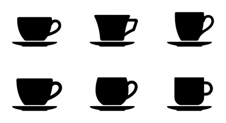 Fototapeta premium Six Black Coffee Cup Icons, Espresso Saucer Silhouettes, Hot Beverage Drinkware Vector Set