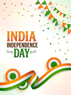 Vertical presentation layout for Indian Independence Day celebration featuring hanging flags, falling confetti, and a flowing tricolor ribbon with Ashoka Chakra wheel at the bottom.
