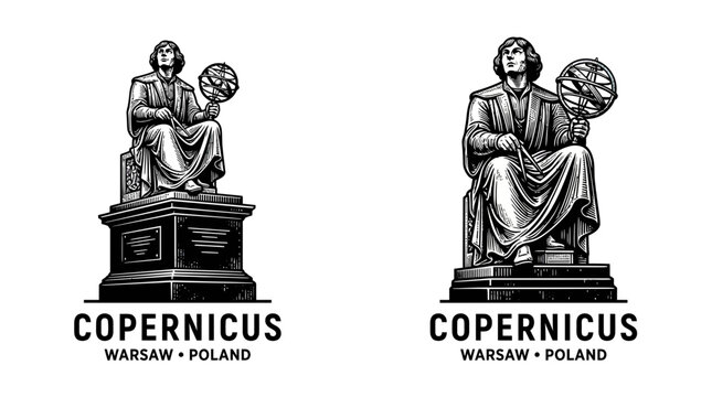 Nicolaus Copernicus Statue Emblem, Warsaw, Poland - Black and White Illustration