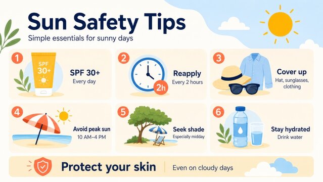 Infographic about sun safety tips for summer skin protection. Educational guide with advice like sunscreen, hydration, wearing hat, avoiding peak sun and seeking shade for health