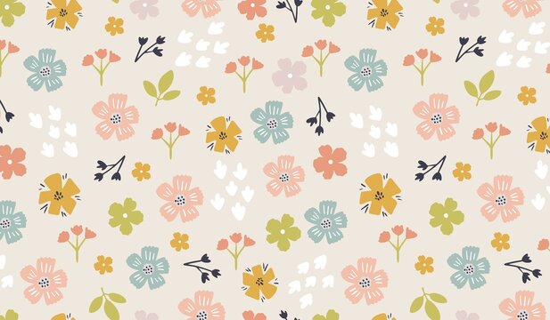 Cute floral pattern with tiny colorful flowers and leaves on light background