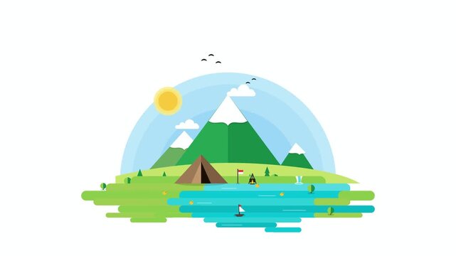 Flat design vector illustration of a summer camping site in the mountains near a lake