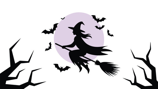 Witch flying on a broomstick silhouette with bats and spooky bare trees