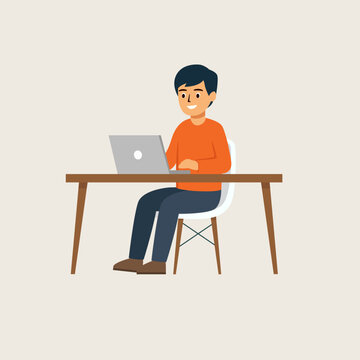 young man sitting at desk working on laptop computer, flat vector illustration