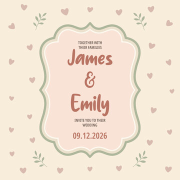 Wedding Invitation Card Template, Vector Illustration. Romantic Wedding Invitation with Heart Pattern, Ornamental Frame for Save the Date Cards, Bridal Stationery, Wedding Invitation Design