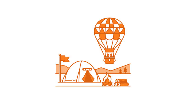 Camping site with tent and hot air balloon