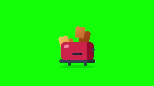 Minimalist flat vector illustration of a red kitchen toaster popping bread slices on a green chroma key background