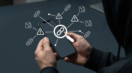 Obraz premium Hacker using smartphone to identify broken links and digital vulnerabilities with an interactive magnifying glass UI, cybersecurity audit, data modern technology business concept