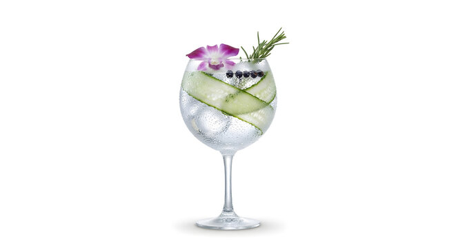 Premium Elderflower and Cucumber Gin and Tonic Cocktail with Orchid and Rosemary in Copa Glass Isolated on White