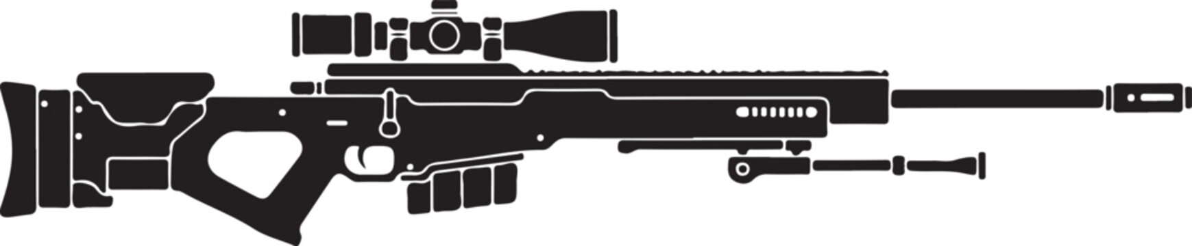 A detailed illustration of a modern sniper rifle with scope and silencer