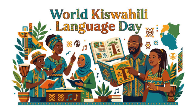 Celebrating World Kiswahili Language Day with diverse people learning and sharing knowledge through books and cultural