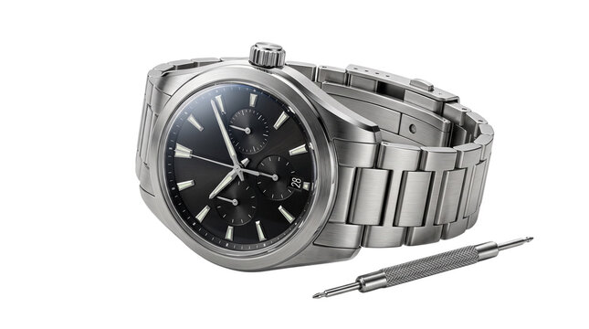 Luxury chronograph wristwatch with metal strap isolated on transparent background