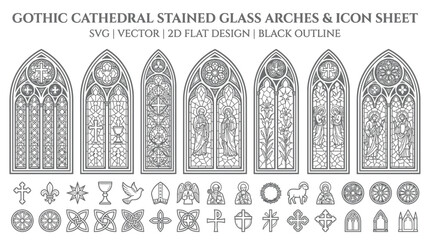 Gothic Cathedral Stained Glass Arches & Icon Set - Vector Outline Art © hidayati
