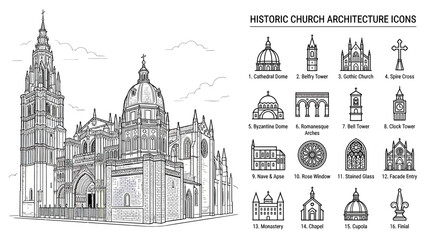 Obraz premium Historic Church Architecture Icons and Cathedral Drawing