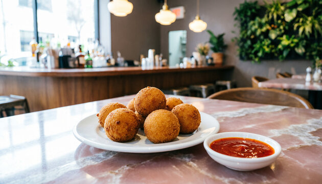 Gourmet golden fried Brazilian coxinhas served with hot sauce on a polished rose quartz marble table