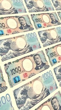 Vertical Flying Japanese 1000 Yen Banknotes Seamless Money Loop Background Financial Motion