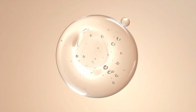 Close-up of a clear liquid sphere with air bubbles against a warm, gradient background