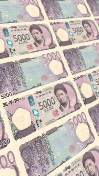 Vertical Flying Japanese 5000 Yen Banknotes Seamless Money Loop Background Financial Motion