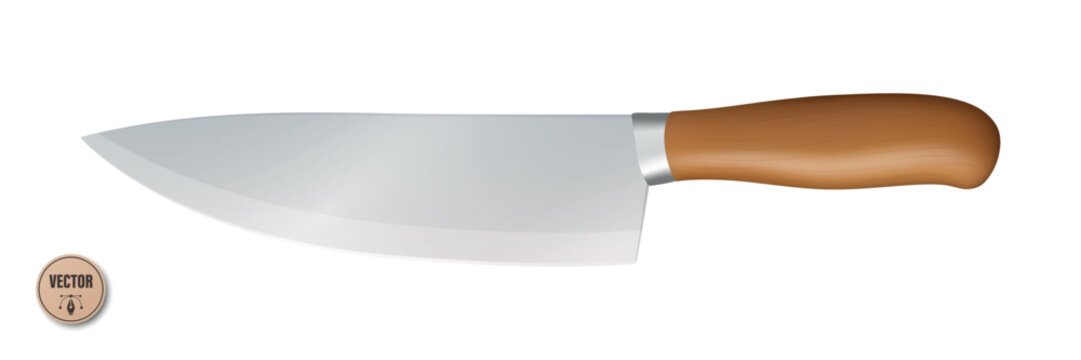 Vector 3d Chef Knife, Isolated. Kitchen Cooking Knife with Wooden Handle. Professional Stainless Steel Blade for Food Preparation. Restaurant and Home Cooking Utensil