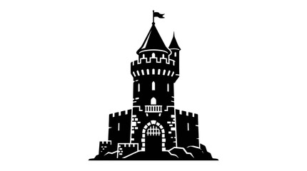 Black silhouette of a medieval castle tower with flag on white background © hidayati