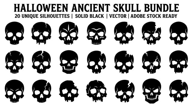 Set of 20 unique ancient style Halloween skull silhouettes in solid black vector format