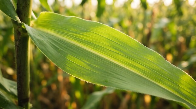 Close up of a vibrant green corn leaf growing in a summer field.