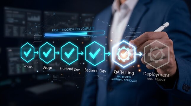 A businessman pointing at a digital software development lifecycle infographic, highlighting the QA testing and deployment phases.