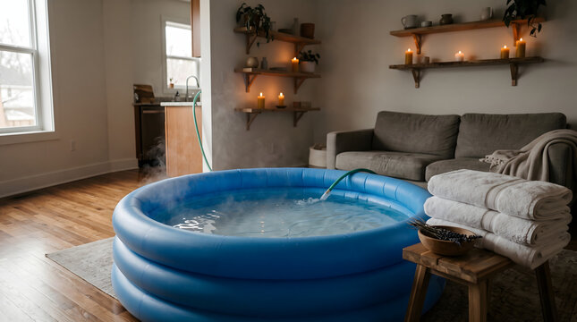 Blue inflatable birthing tub filled with warm steaming water in a cozy living room prepared for a home water birth