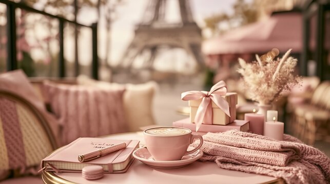 Paris France Europe lifestyle. A romantic scene set in a Parisian cafe, with the Eiffel Tower visible in the background. The main subject is a table with a pink tablecloth, a cup of cappuccino.
