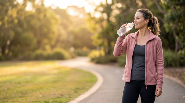 Woman drinking water from bottle during outdoor exercise in park at sunset