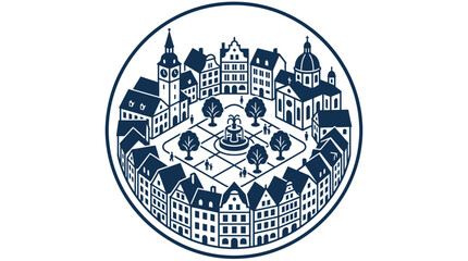 Circular European Town Square Illustration with Buildings, Fountain, and People © hidayati