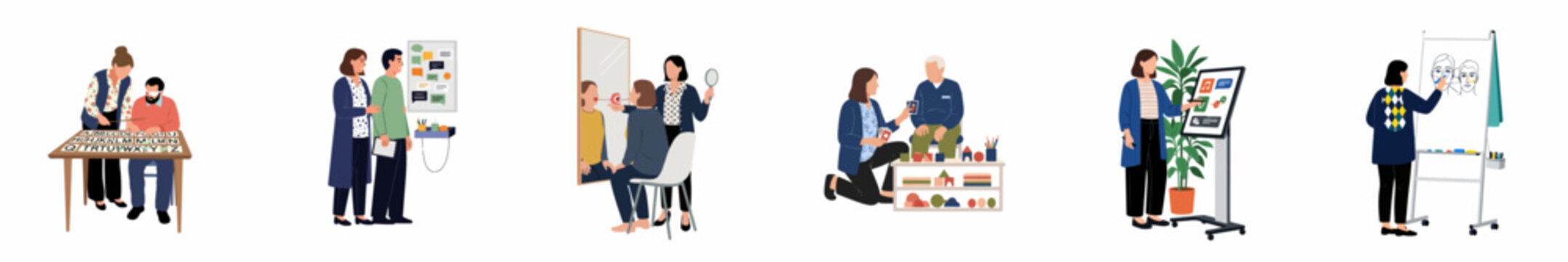 Illustrations of various speech and language therapy sessions for adults and seniors, focusing on communication techniques, tools, and patient rehabilitation.