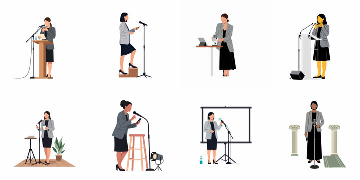 Set of flat vector illustrations of professional women delivering public speeches and business presentations with microphones and podiums.