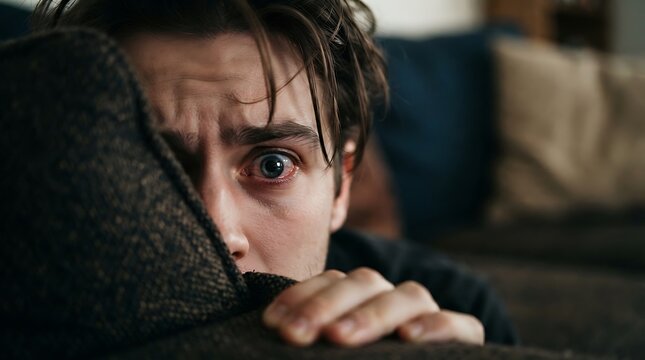 A young man hiding behind a sofa looking terrified with wide eyes.