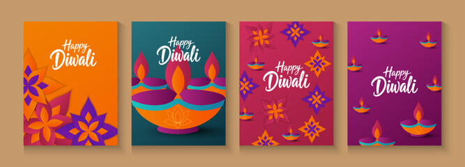 Naklejka premium Diwali festival of lights with oil lamps, colorful waves and beautiful flowers of lights. Happy Diwali Hindu festival modern design set poster, cards, banner flayer background.