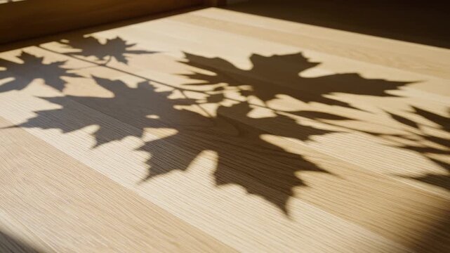 Sleek leaf shadows dancing gently on a modern light oak wood surface
