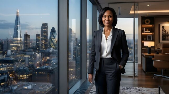 Confident Business Executive Standing in Modern Corporate Office, Fictional Corporate Scene.